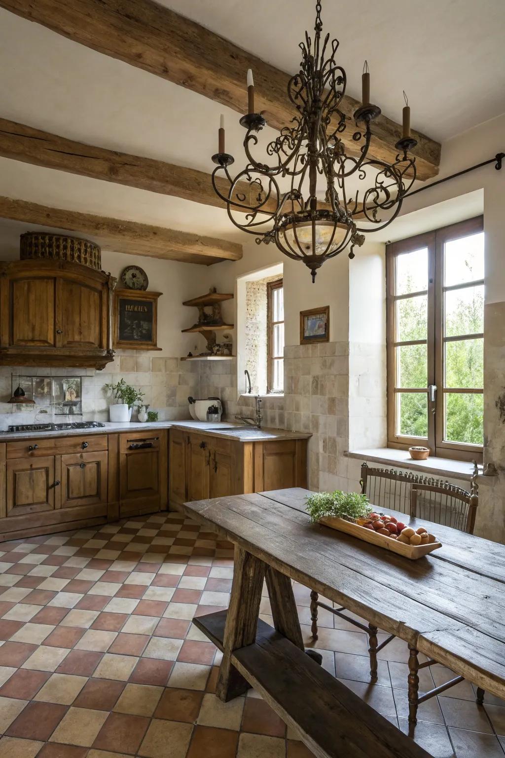 A cast iron chandelier introduces classic sophistication to the kitchen.