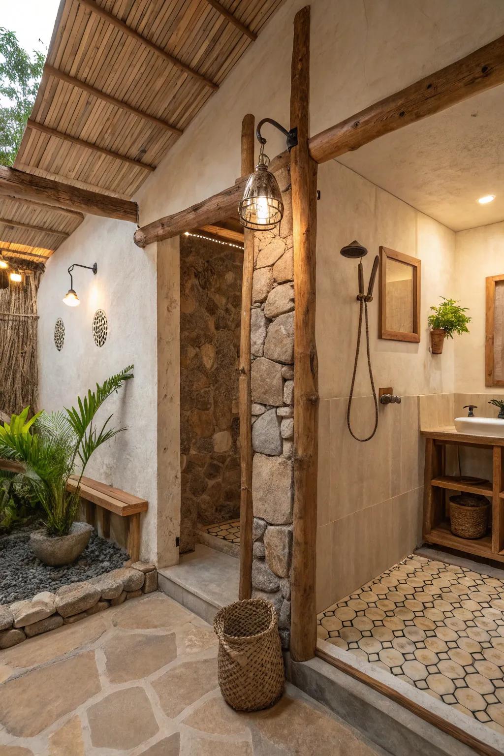 A shower design that incorporates neutral and earthy tones, evoking a tranquil, soothing atmosphere.