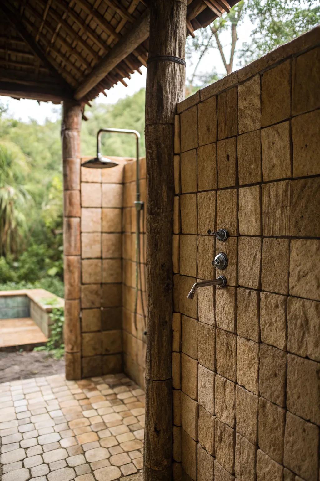 Contoured panels add depth and a touch of nature to this country style shower.