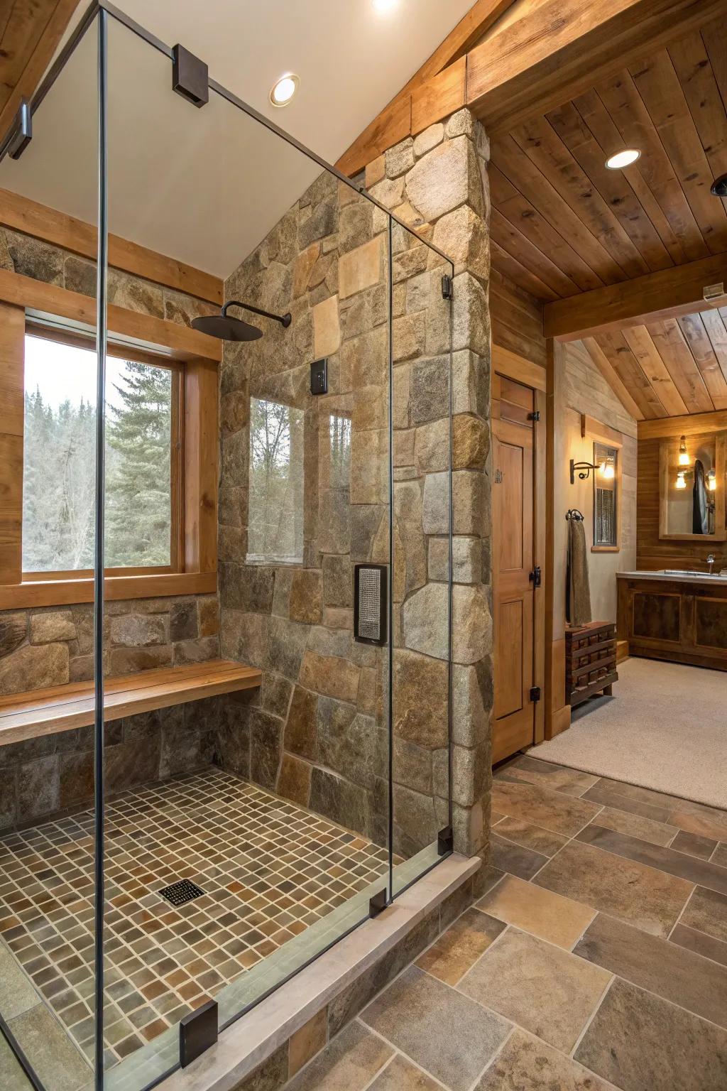 Glass surroundings put a spotlight on your shower's rustic appeal.