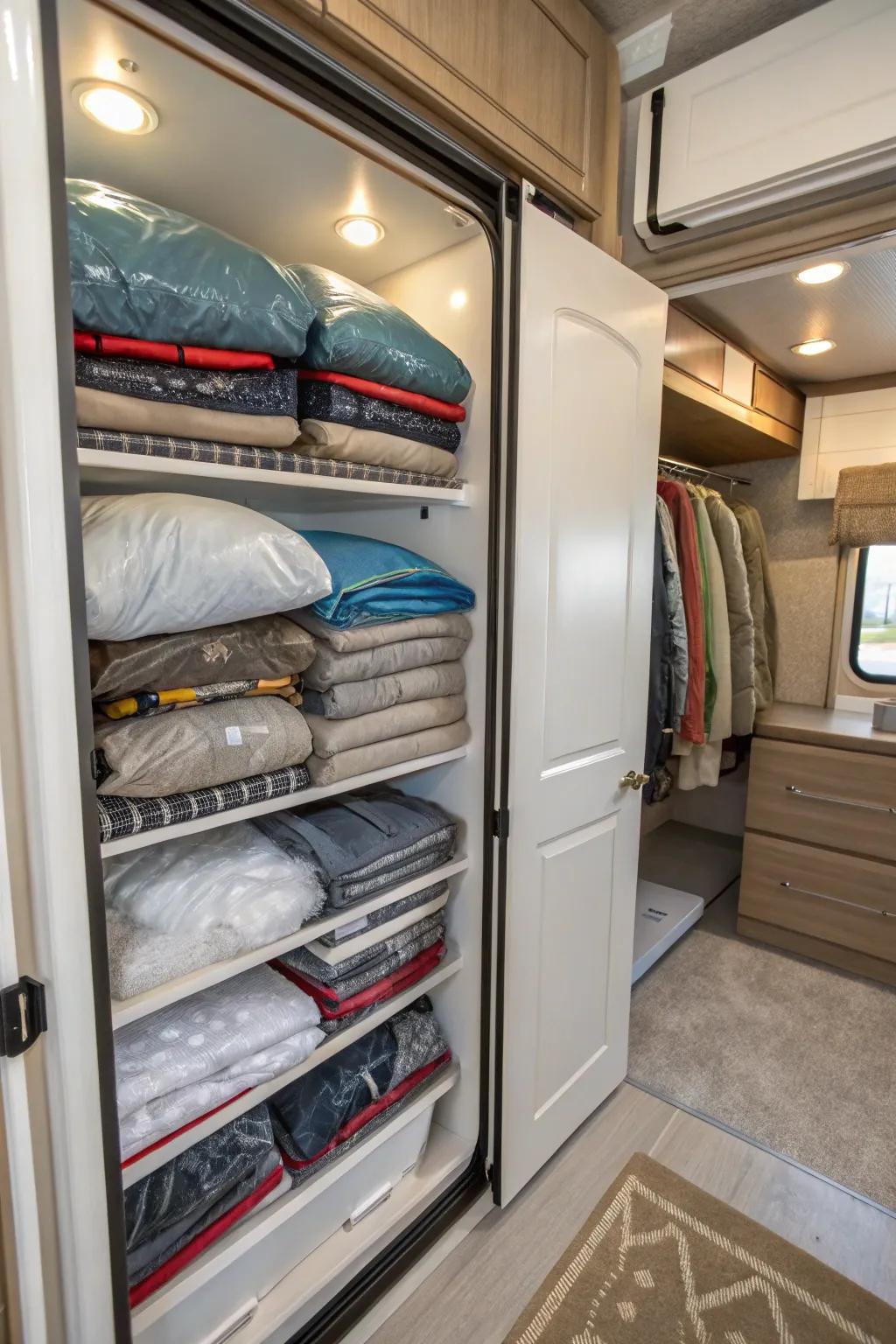 Seasonal clothing is stored compactly in an RV closet using vacuum bags.