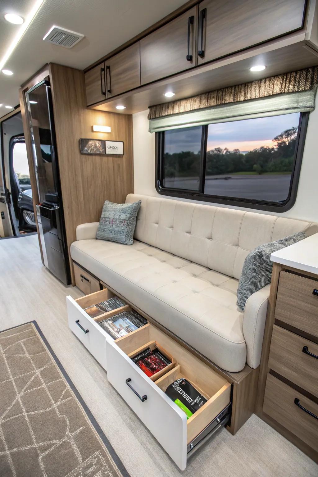 Couch with built-in storage helps maintain an organized RV space.