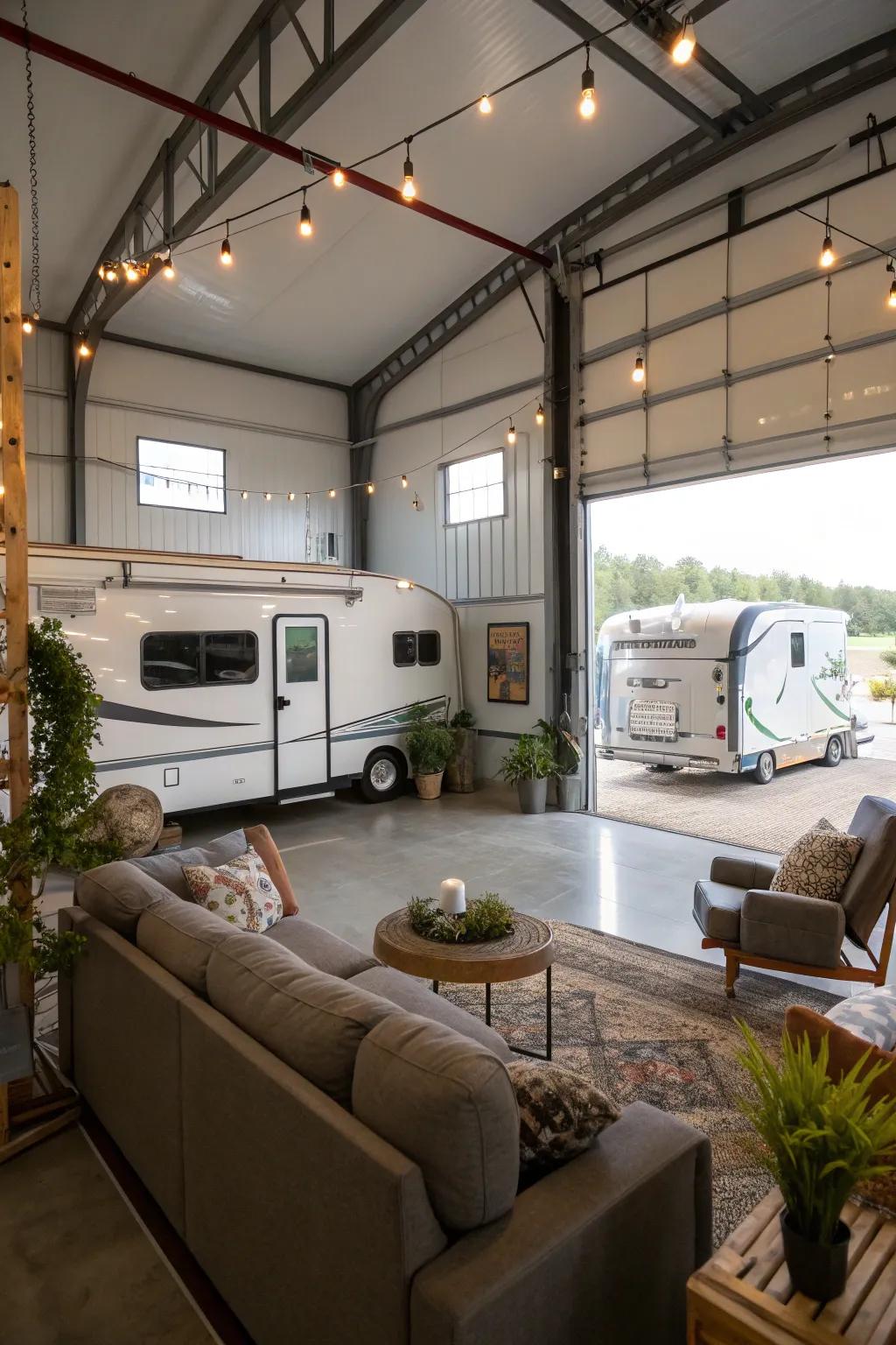 Loft in an RV garage offering a cozy retreat above storage.