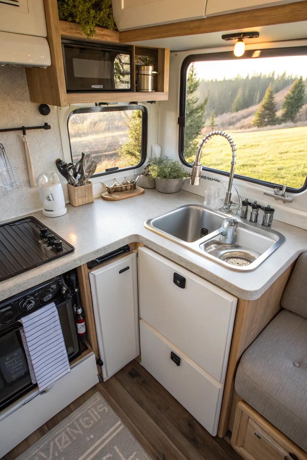 A corner sink arrangement cleverly optimizes available space.