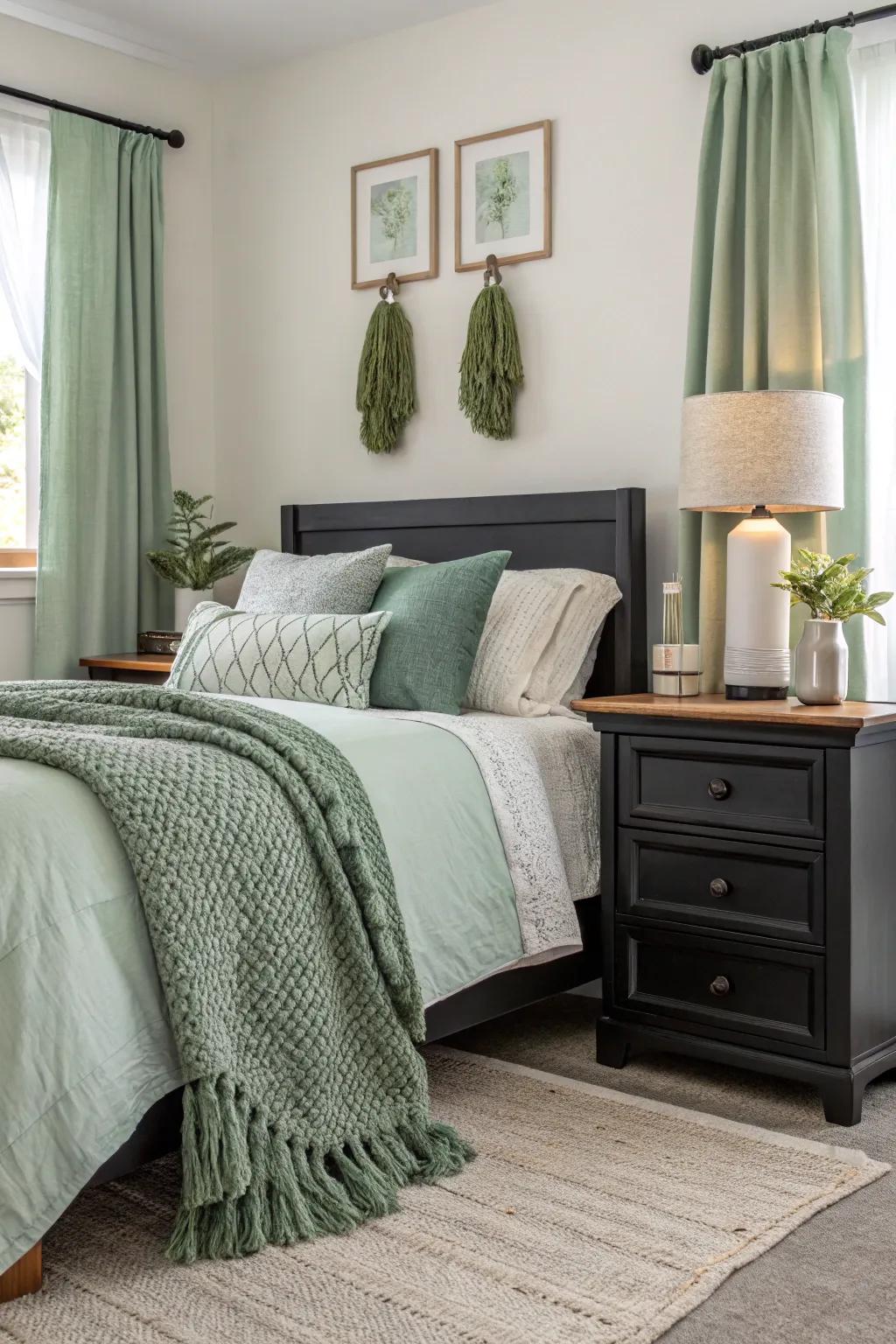 Charcoal furniture enriches depth and sophistication in a soft green bedroom.