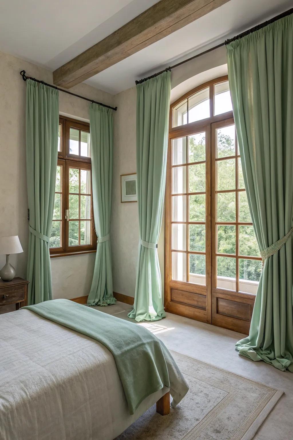 Soft green window dressings frame windows attractively, enhancing the room's serene atmosphere.