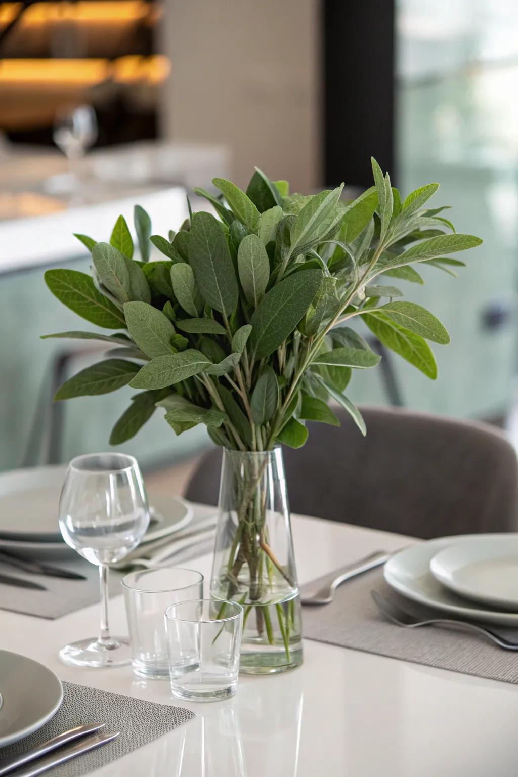 Simple grace with glass and sage green foliage.