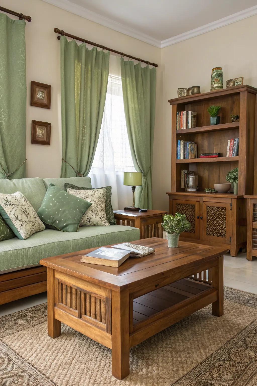 Wood details boost the warmth of a sage green living room.