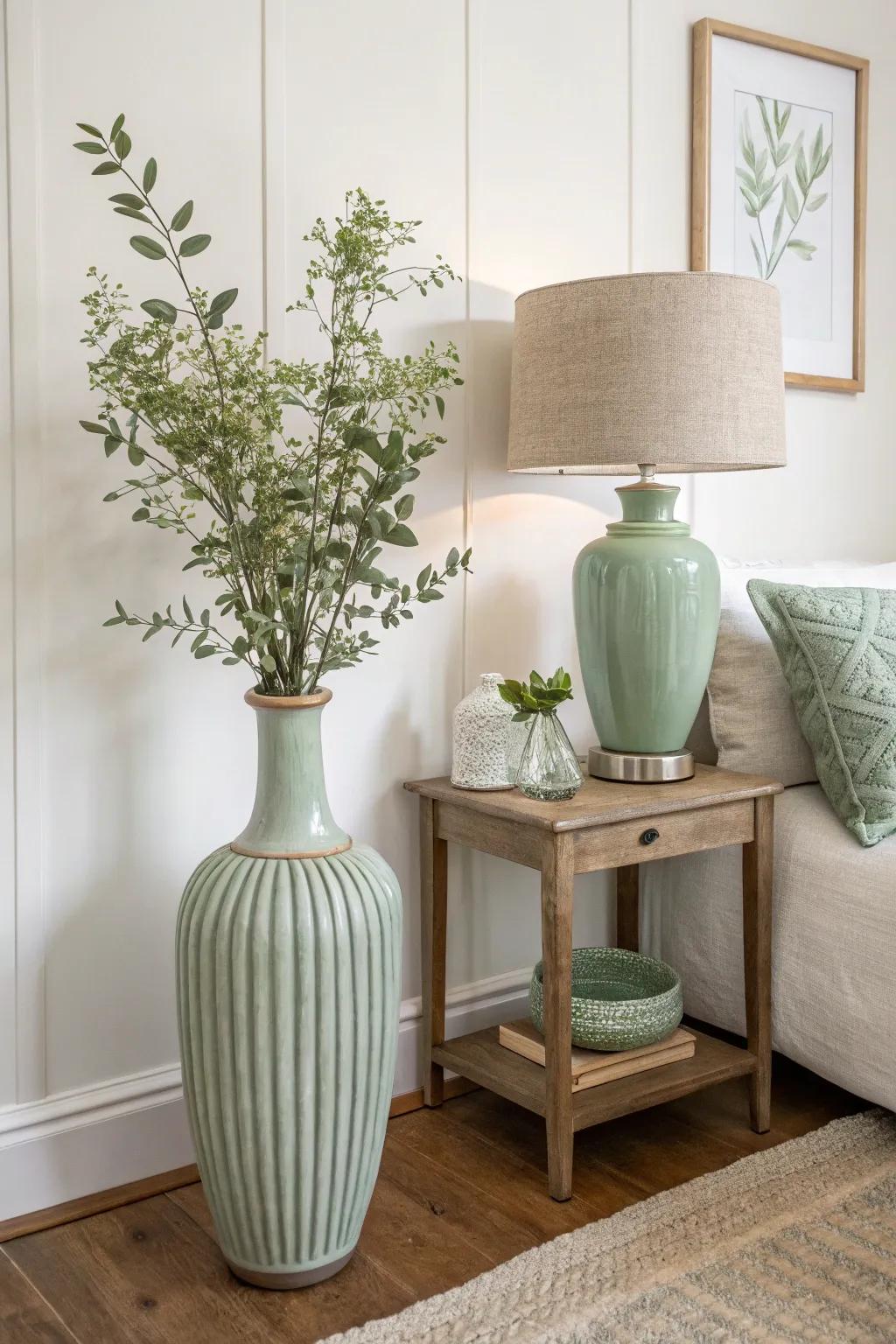 A minimalist room featuring perfectly placed sage green accents.