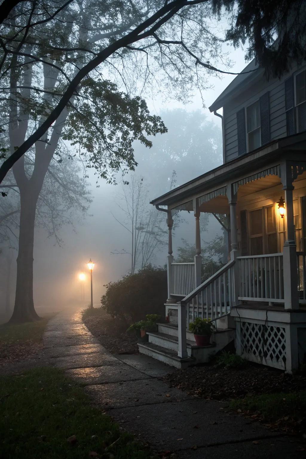 Smog envelops a softly illuminated porch, adding an air of mystery.