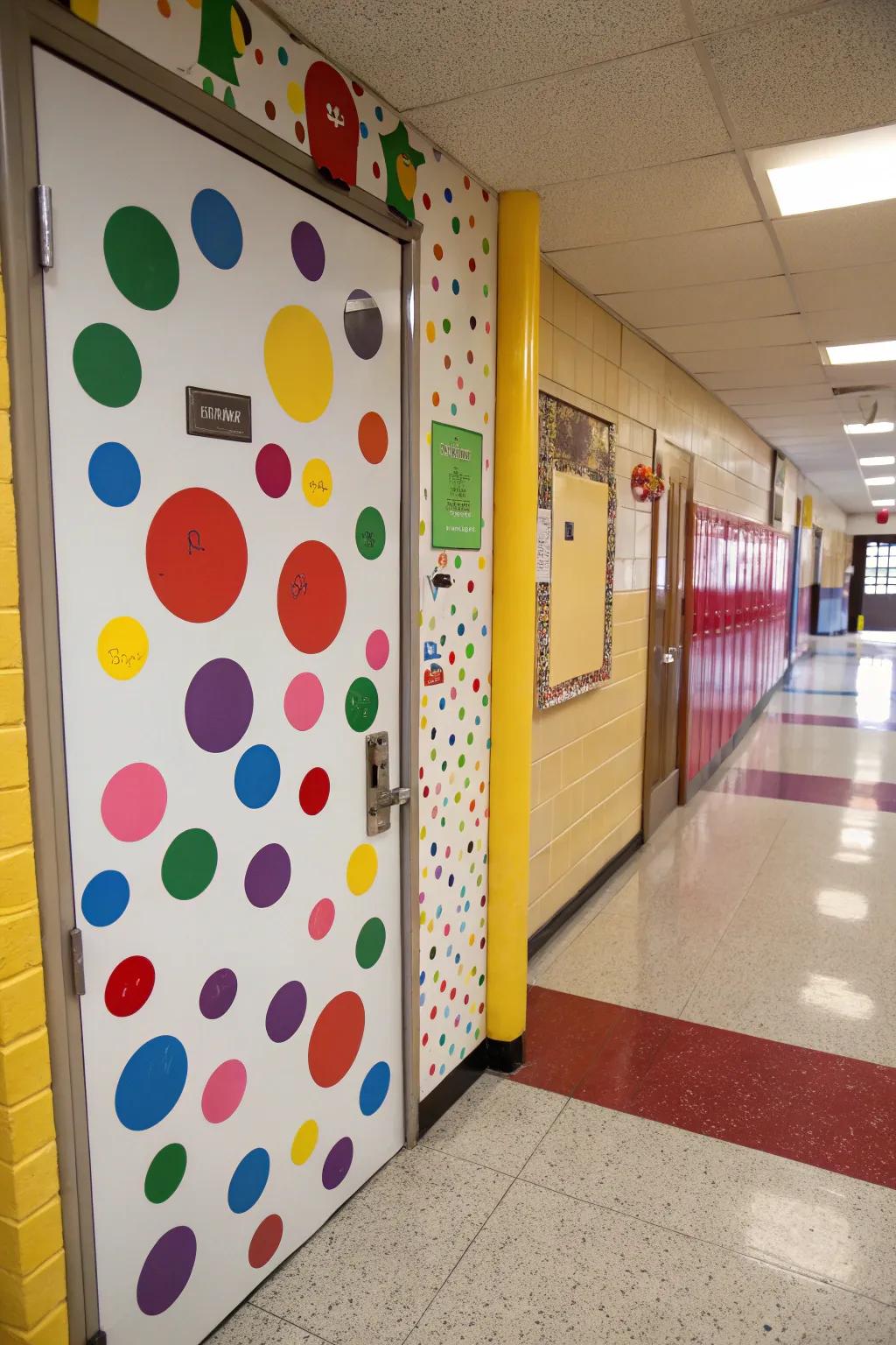 A playful polka dot design on a school door.