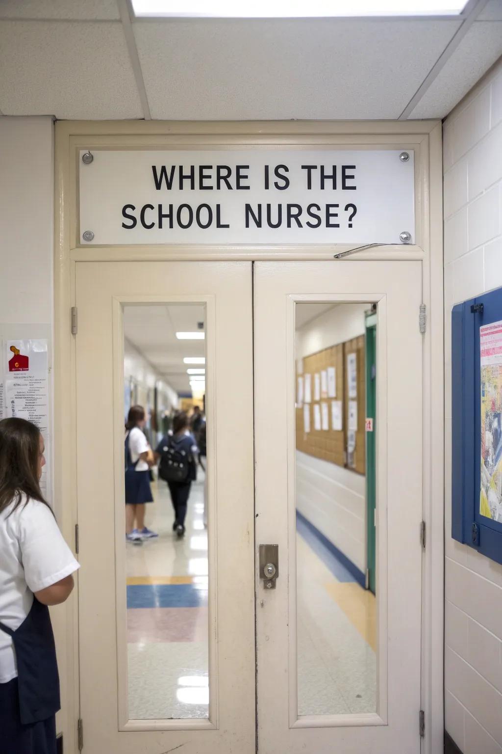 An efficient 'Where is the School Nurse?' sign on the office door.