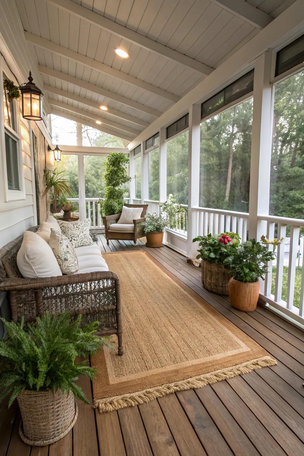 A natural yarn rug enhances texture and warmth on the porch.