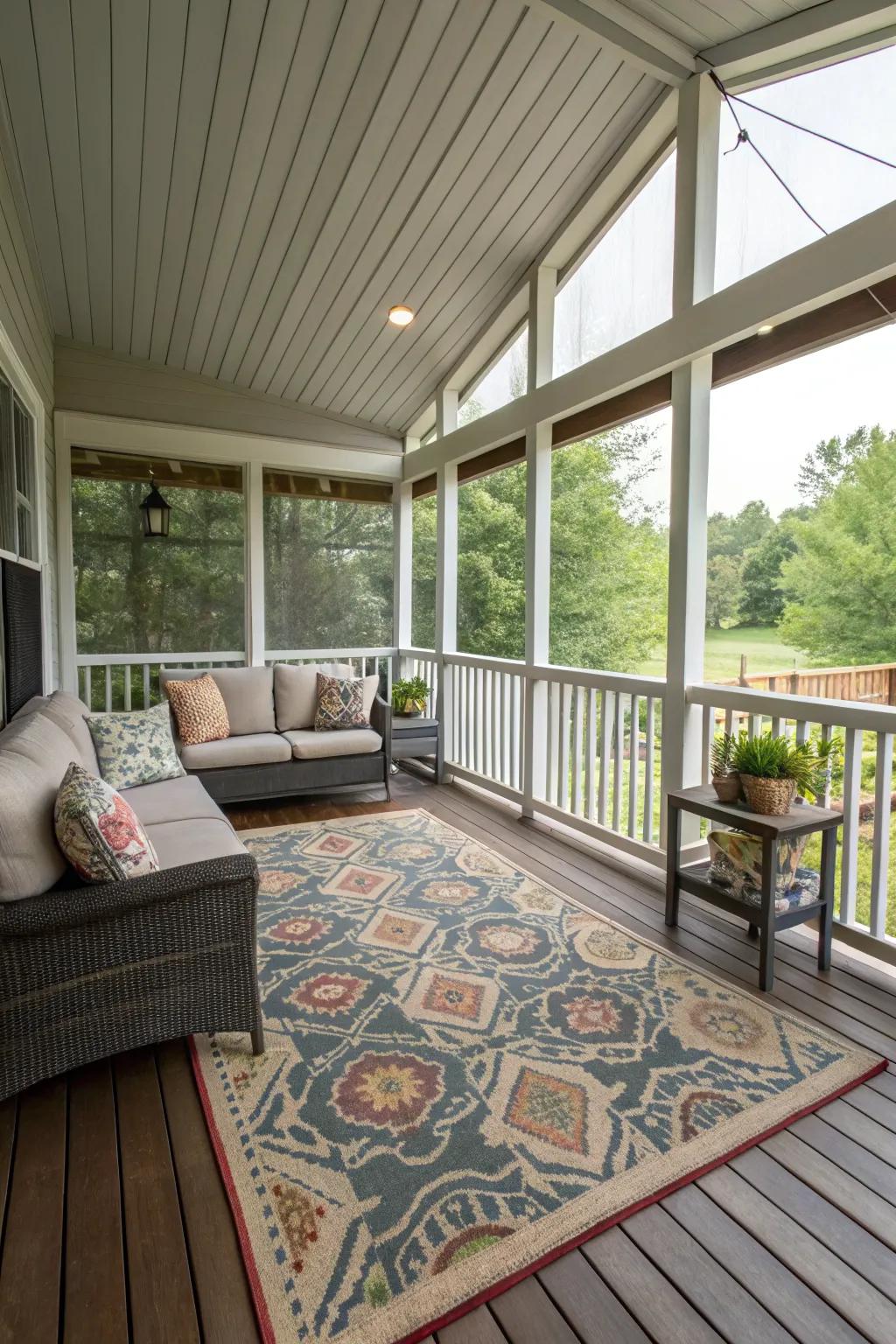 A carpet defines and warms the veranda area.