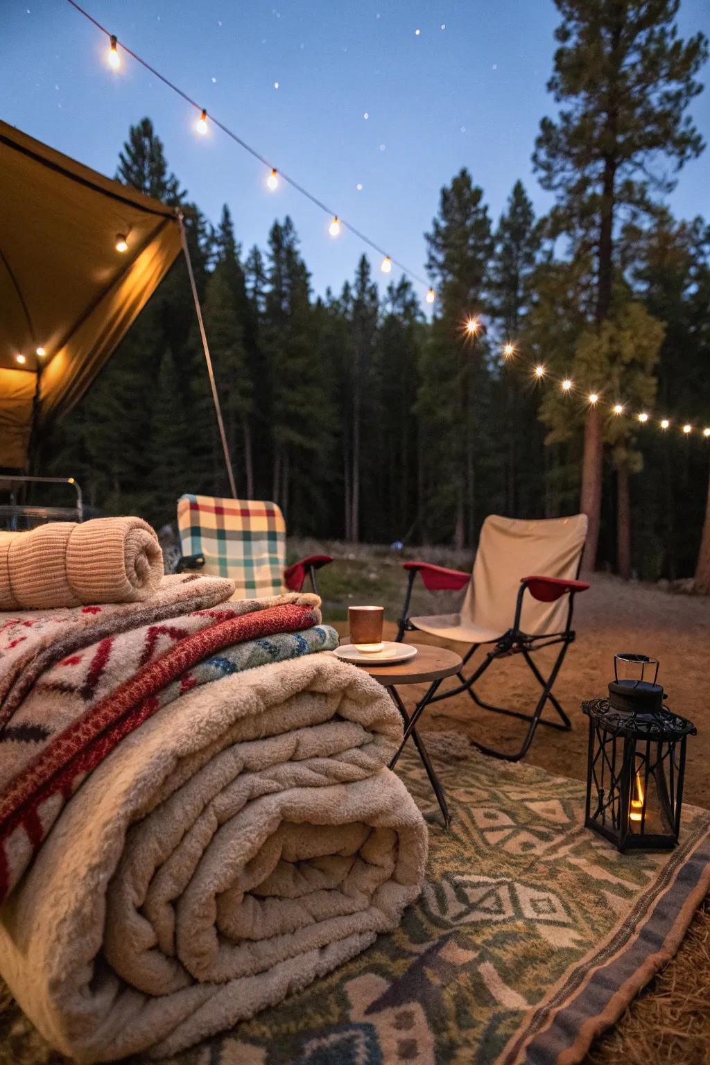 Layered blankets create a cozy and inviting campsite atmosphere.