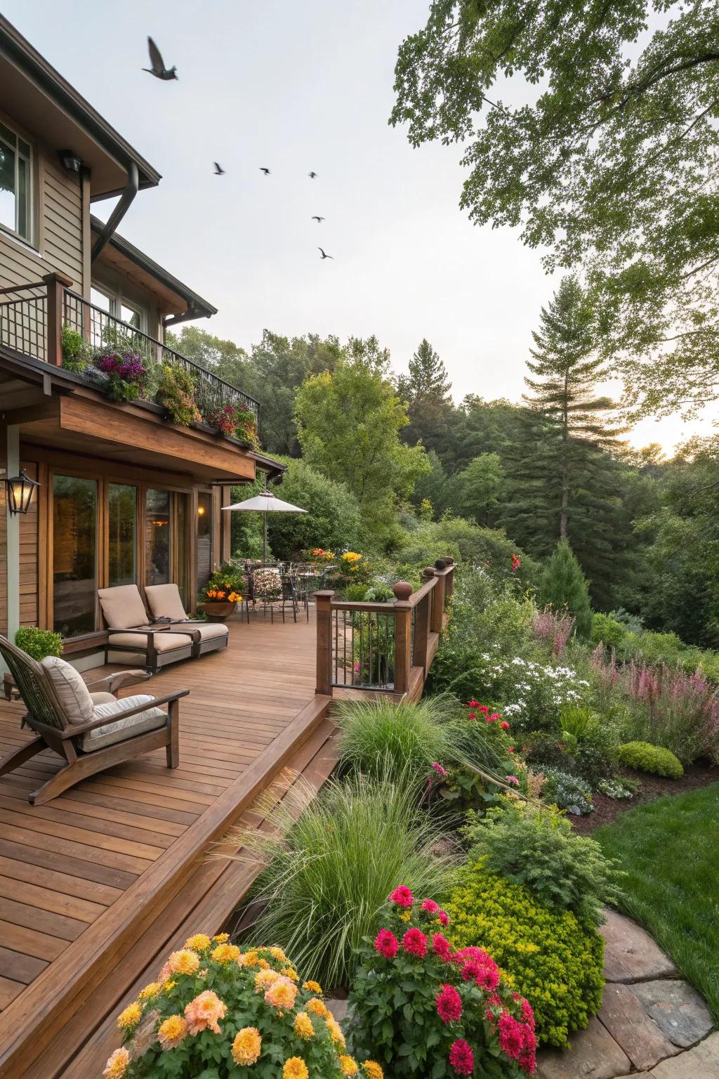 A deck that feels like a natural extension of the garden, integrating effortlessly with its environment.