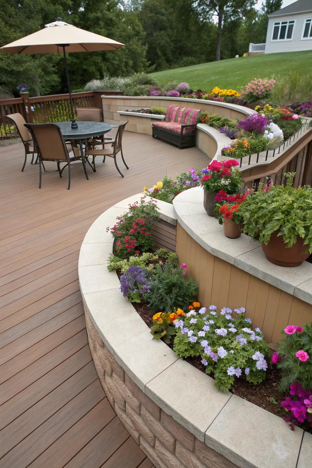 Planters and flowers inject vibrancy into your semi-circle patio.