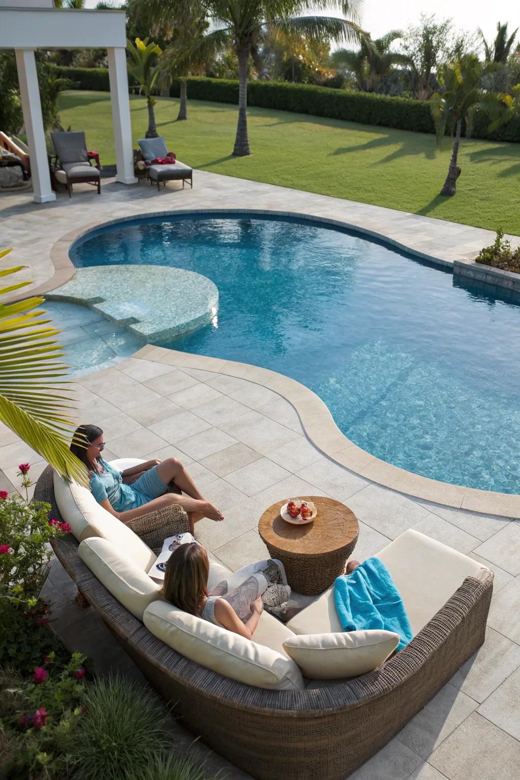 A semi inground pool with a tranquil seating area for unwinding.