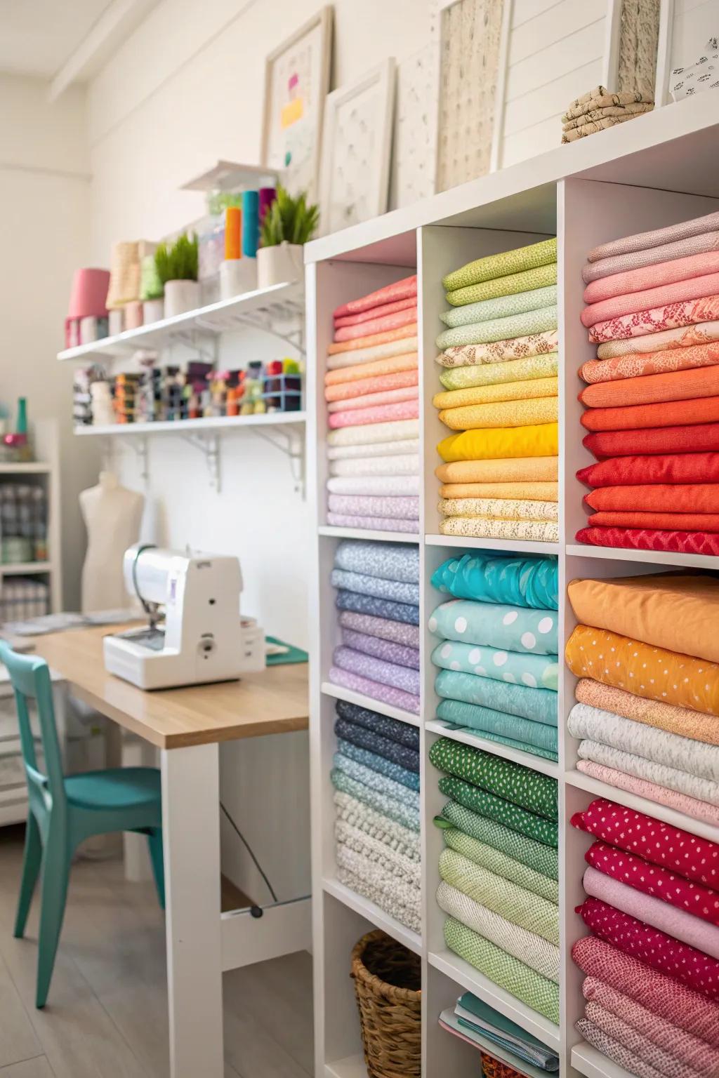 A striking fabric display serves a dual purpose: it functions as both a storage solution and a wellspring of inspiration.