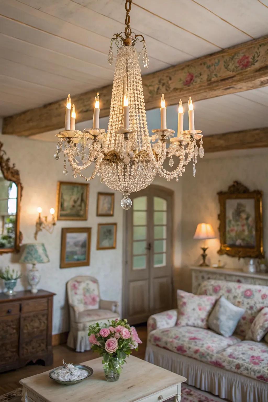 A chandelier adds an elegant touch that complements the rustic decor.