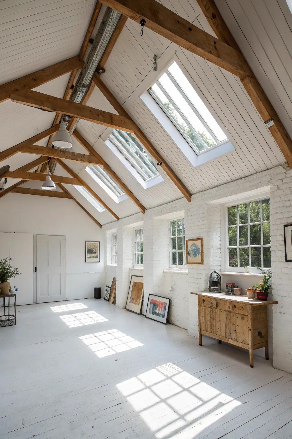 A radiant studio illuminated by clear story windows embedded in the shed ceiling.