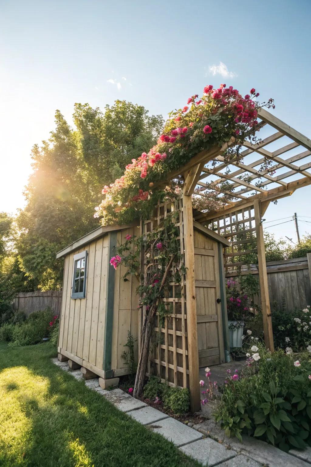 A climbing frame adorned with blooming vines adds a magical touch.