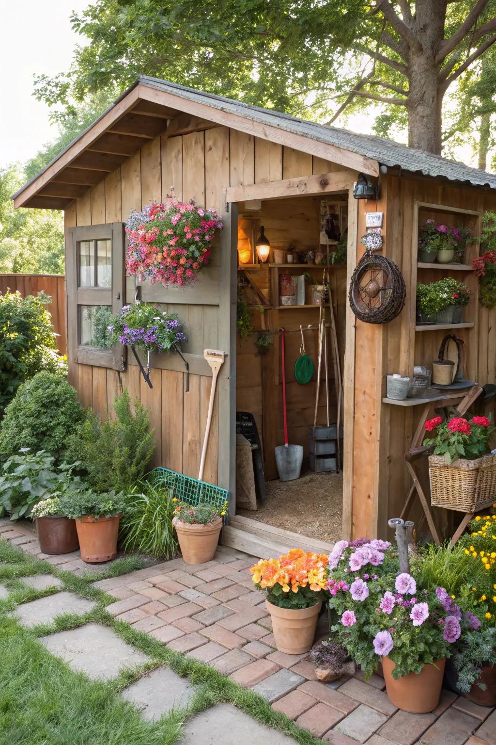 A gardener's heaven featuring greenery and equipment as aesthetic inside a shed.