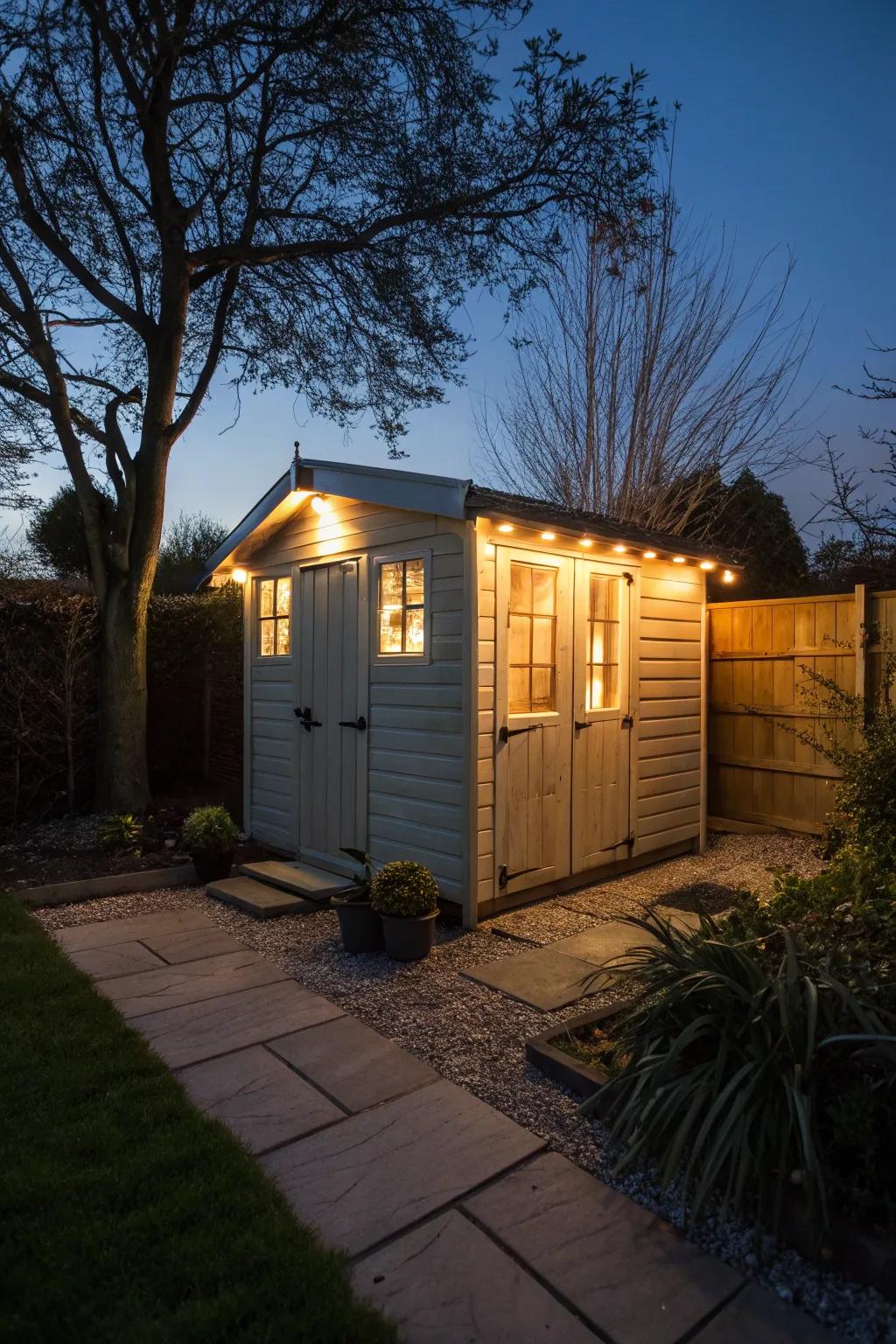 Motion sensor lights illuminate the shed, discouraging potential intruders.