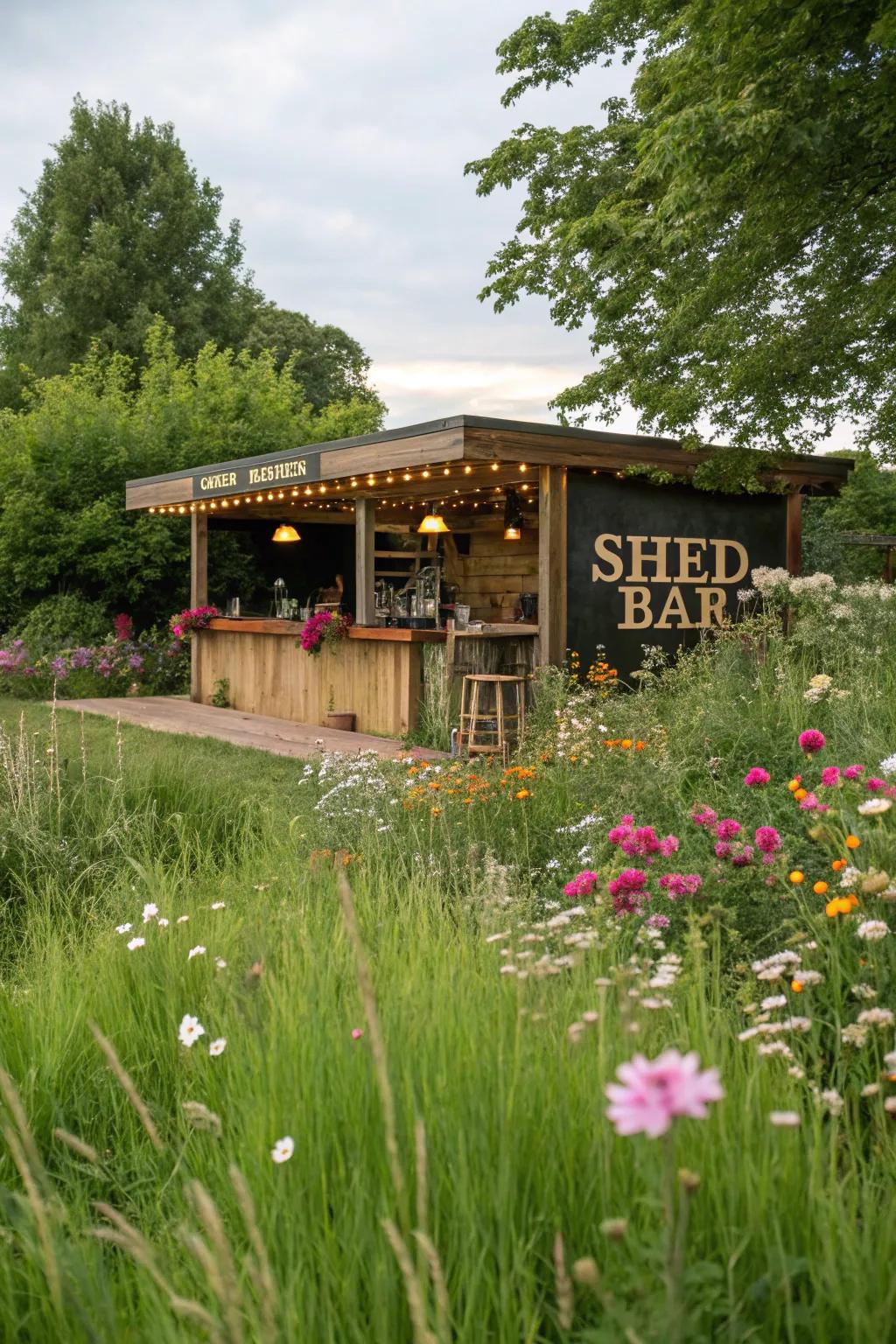 Turn your shed bar into a garden paradise with lush greenery.