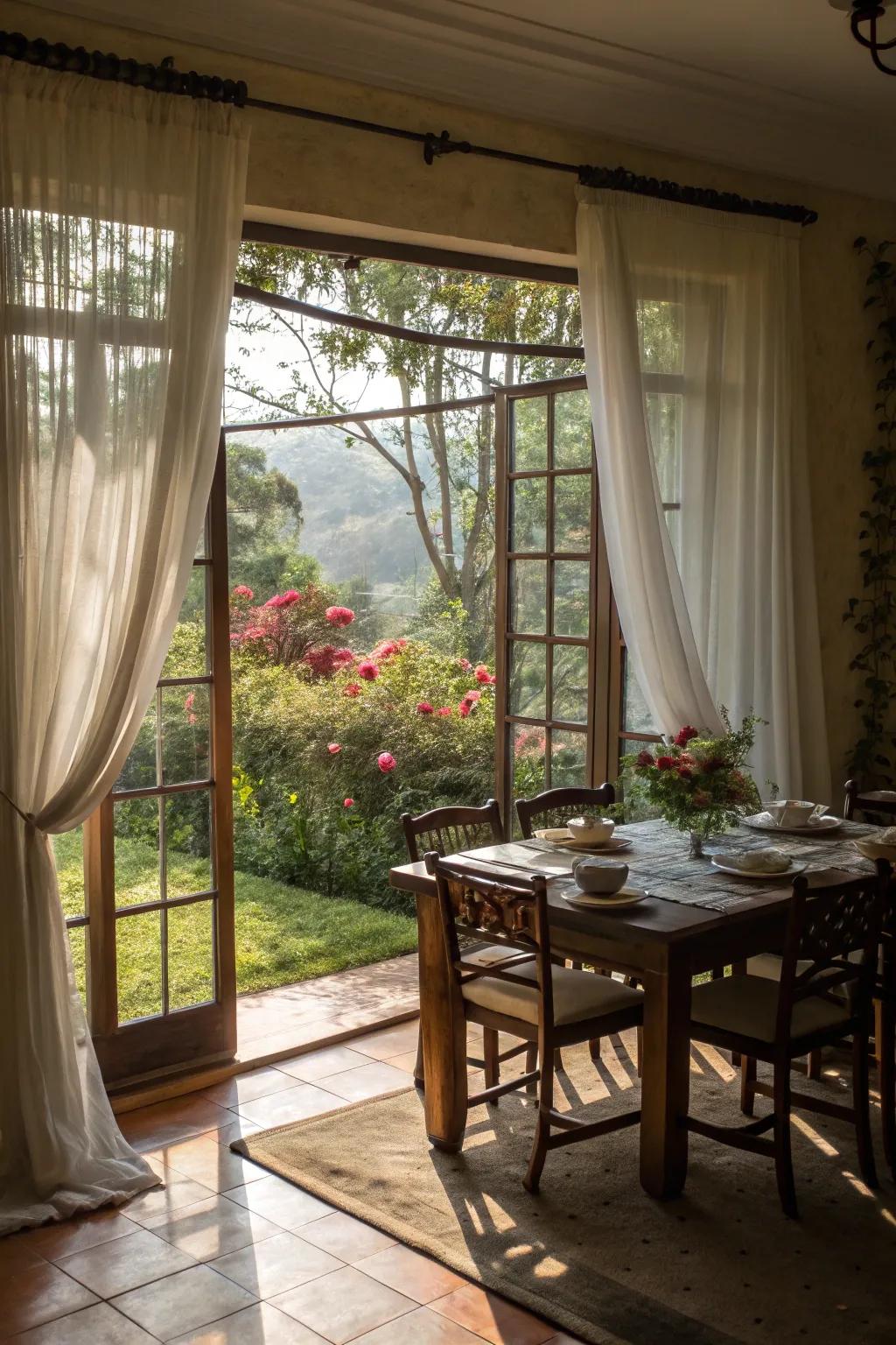 Sheer curtains elegantly frame outdoor views, bringing the beauty of nature indoors.