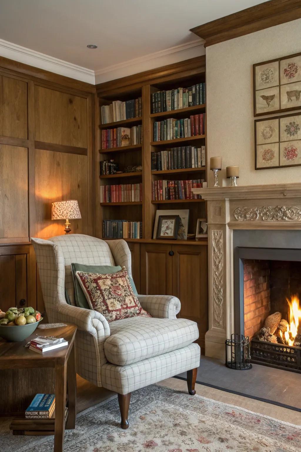 Inviting relaxation in a cozy reading nook by the fireplace.