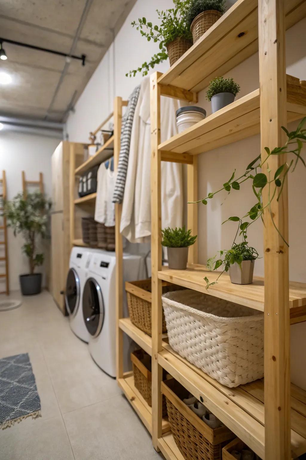Wooden shelves in a laundry room combined with greenery to foster a warm and inviting ambiance.