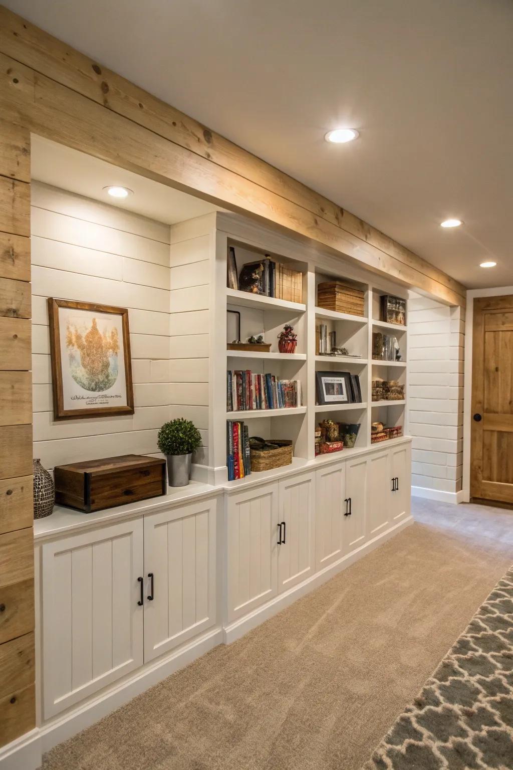 A shiplap accent wall featuring built-in shelves enhances this basement.