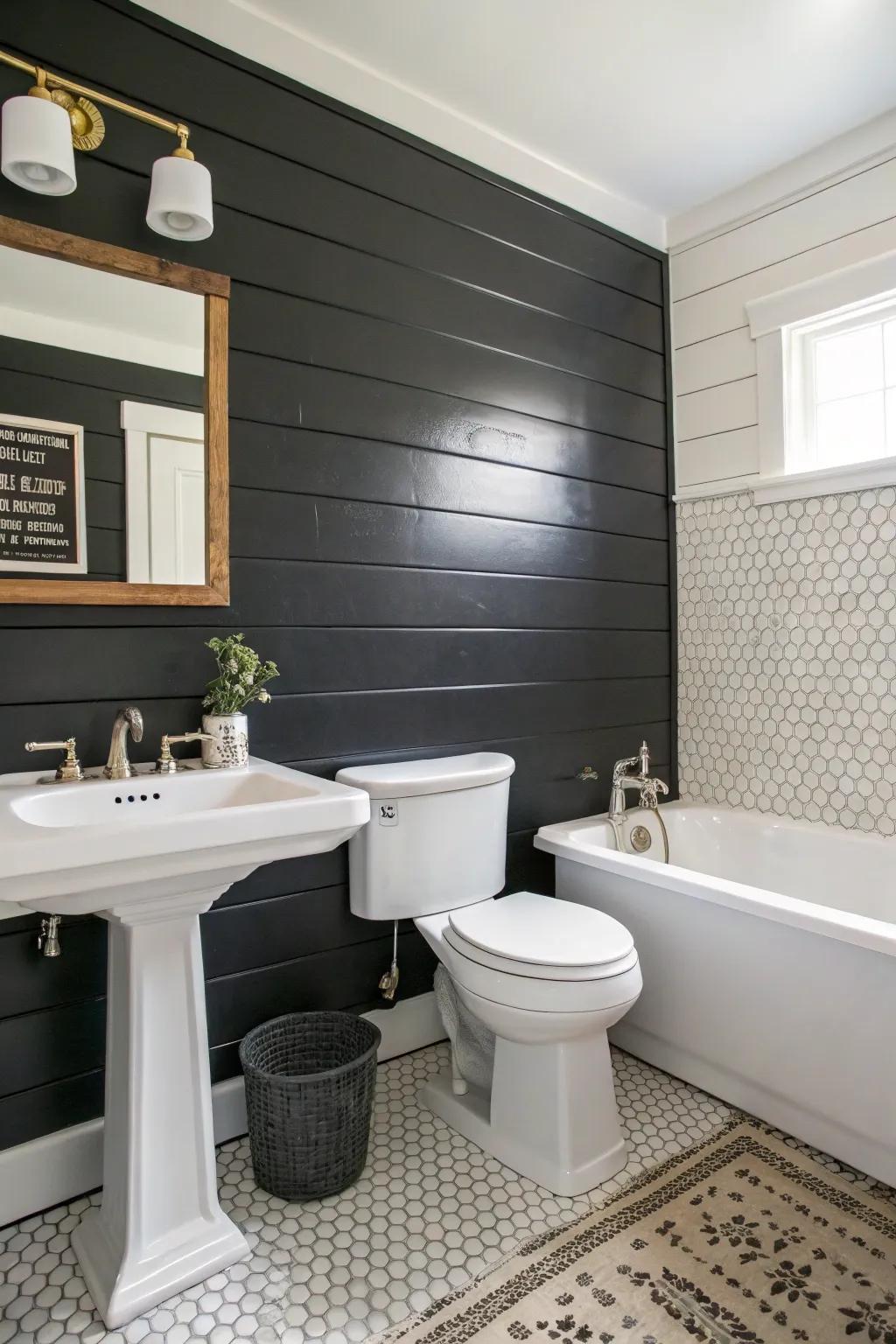 A bathroom featuring an accent wall of black panel planks for a dramatic look.