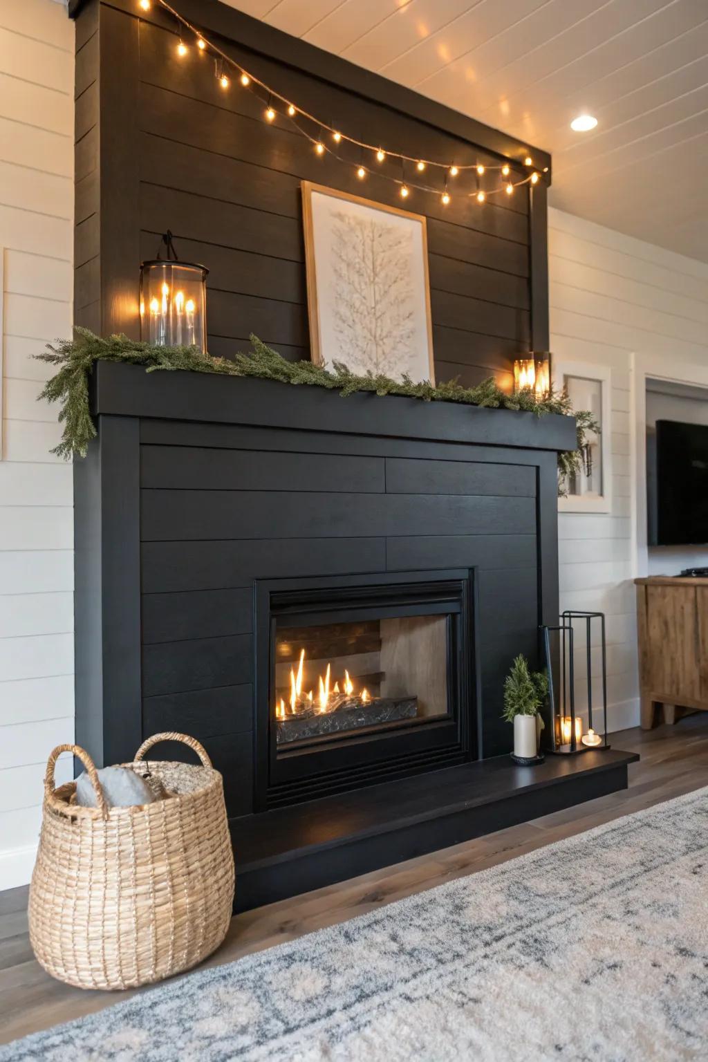 Striking black shiplap fireplace making a contemporary statement.