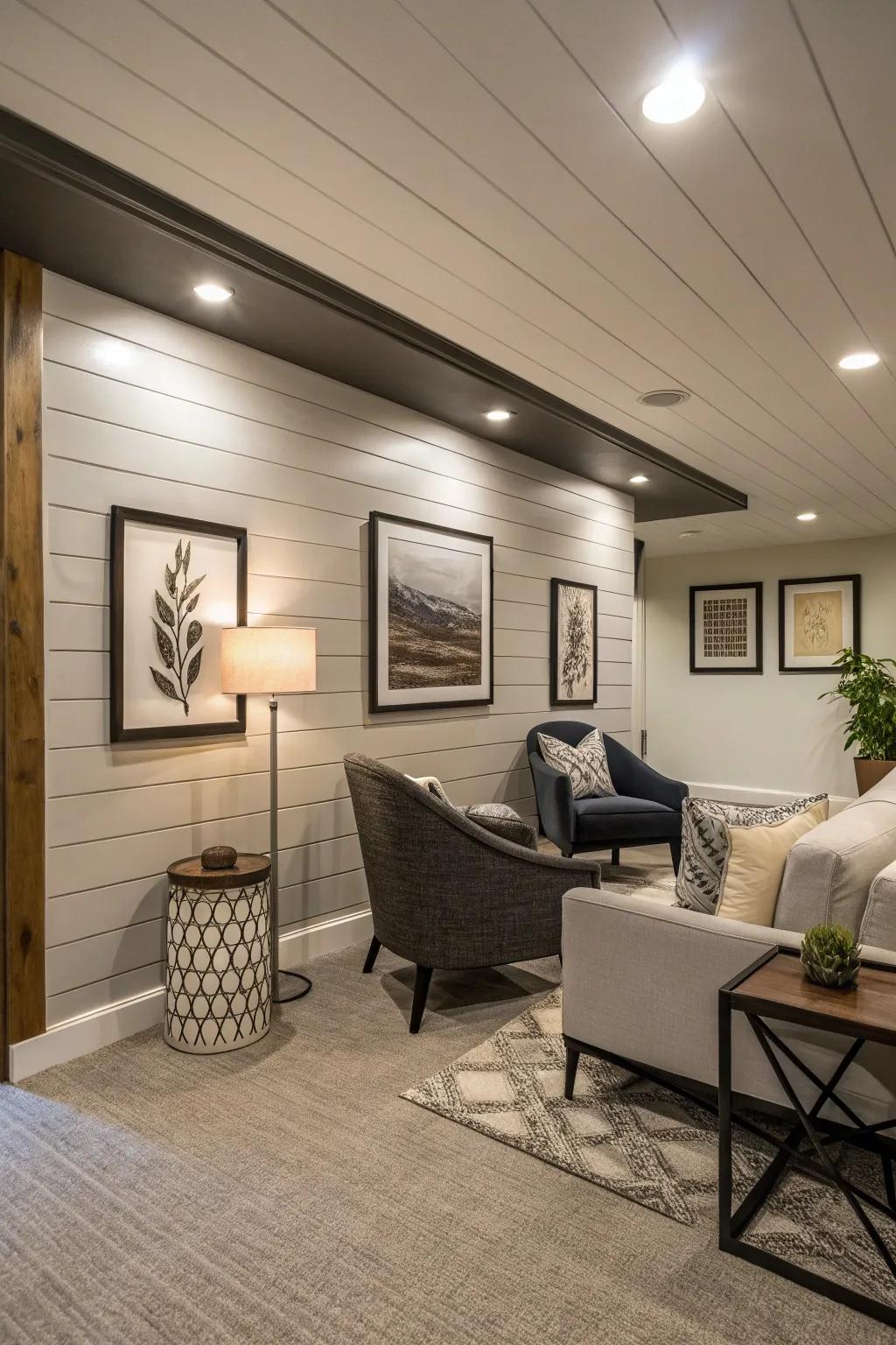 Striking shiplap accent wall adding lovely texture.
