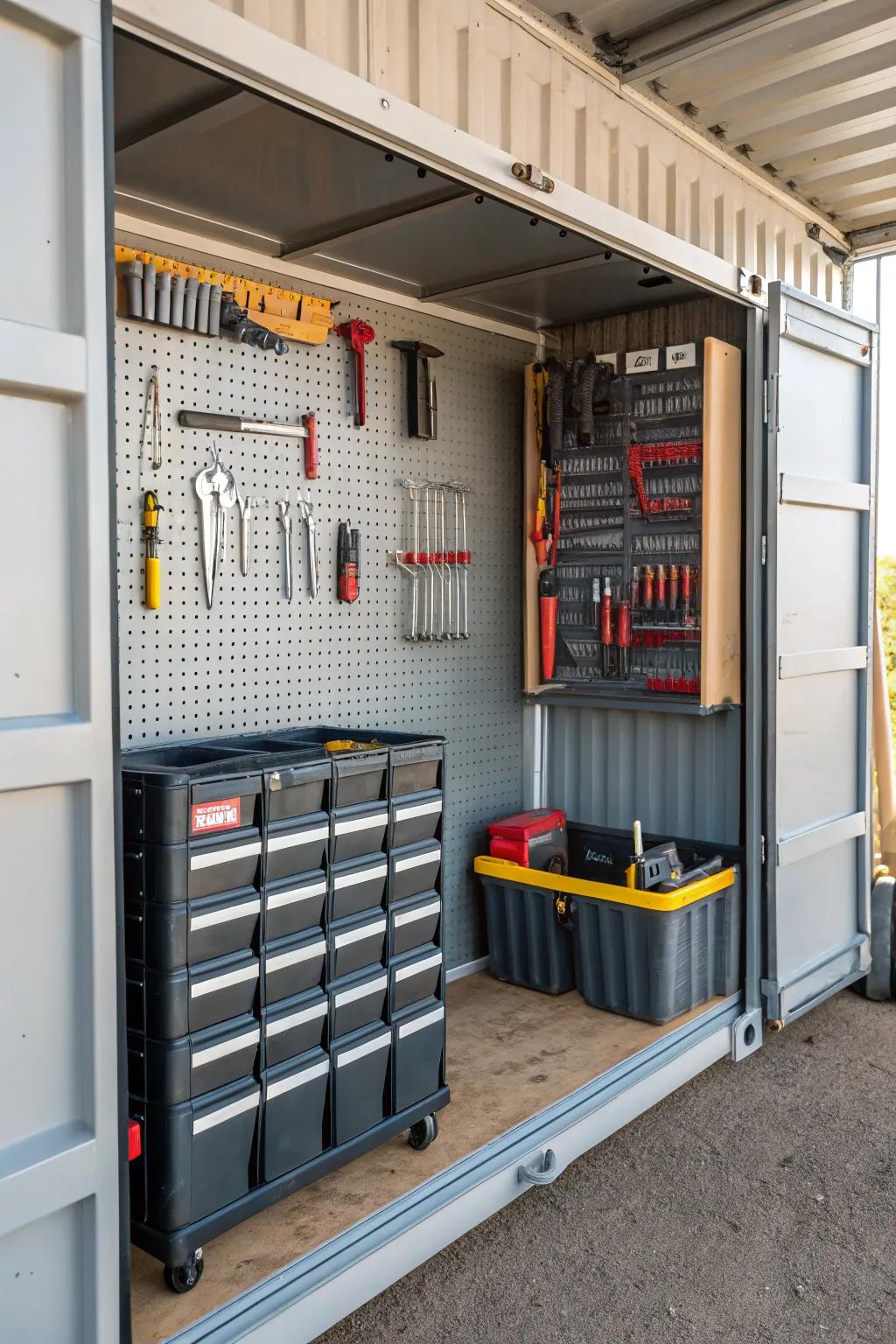 Structured tool organization through the use of pegboards and containers.