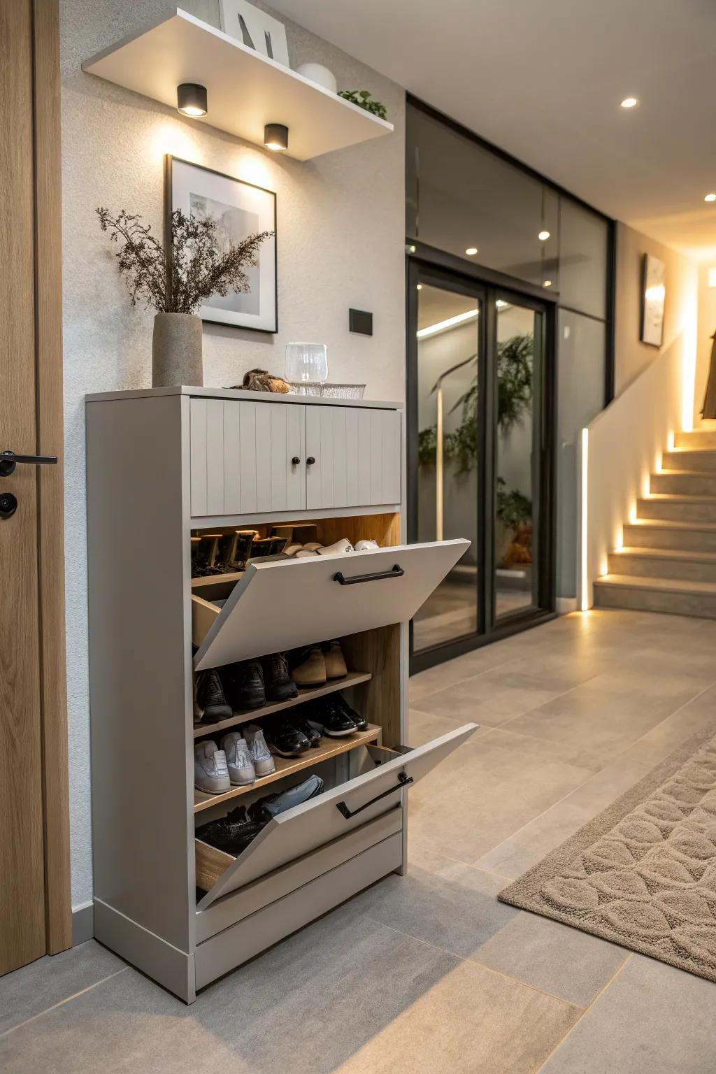 Shoe storage featuring drawers for concealed organization.