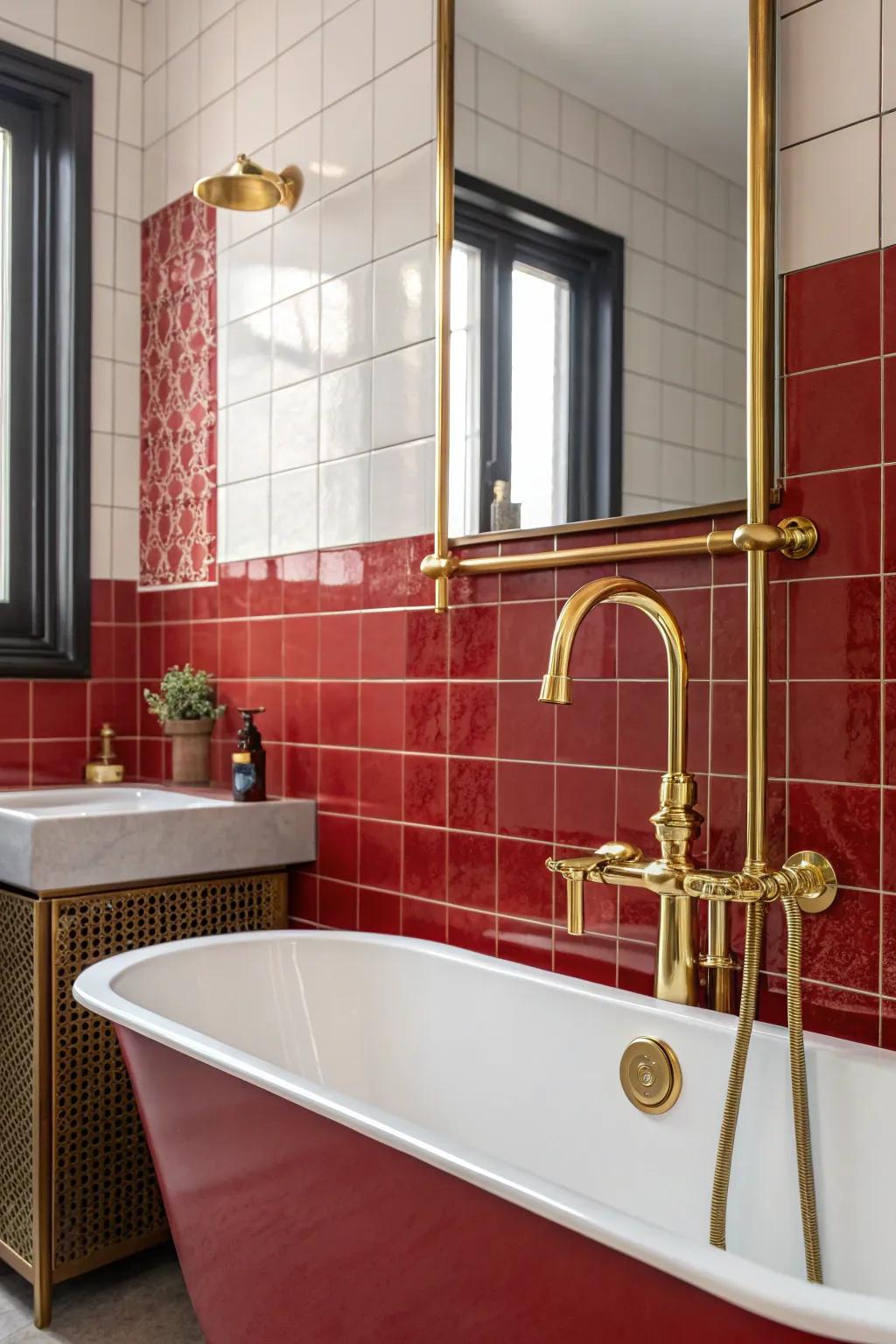 Striking colors with red accents and brass fixtures.
