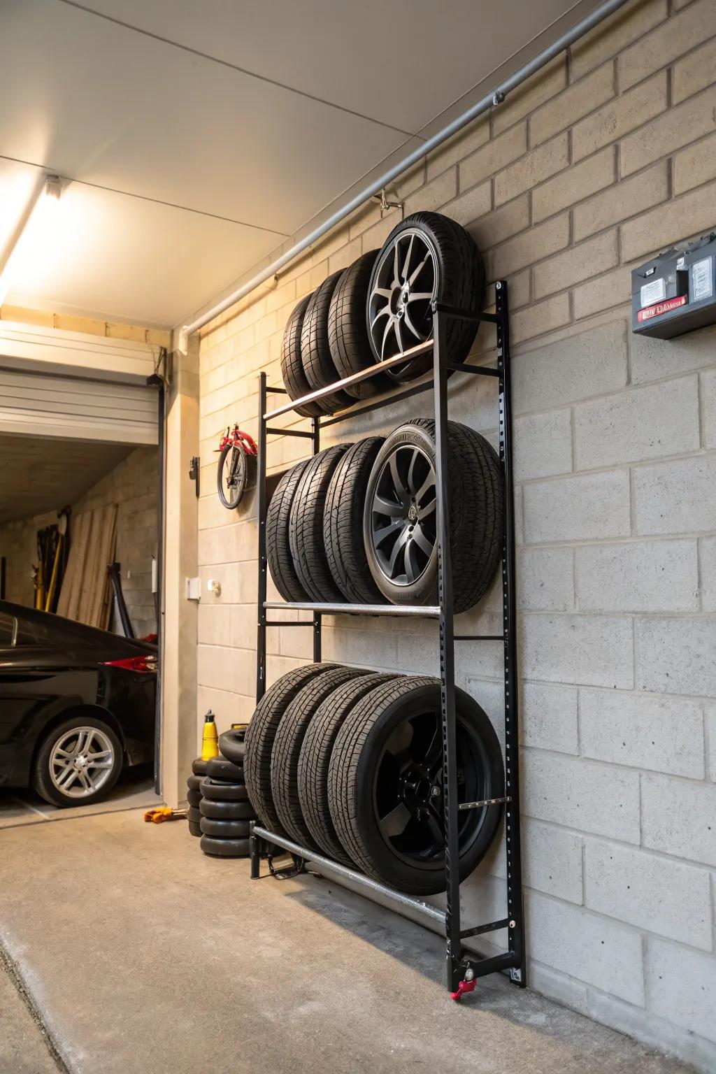 A tire rack attached to a garage wall.