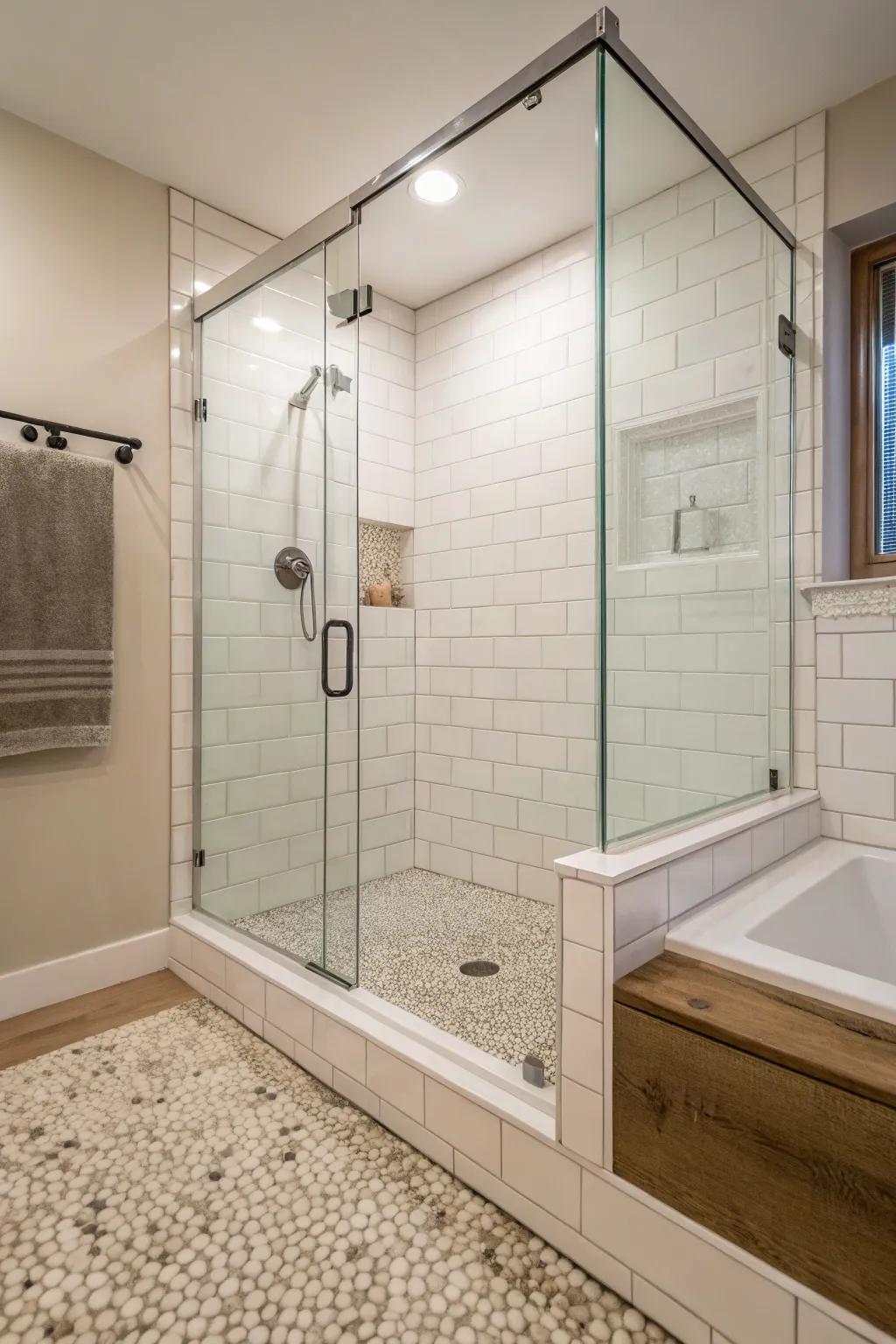 Glass partitions unified with meticulously fashioned curbs cultivate a spacious and contemporary ambiance.