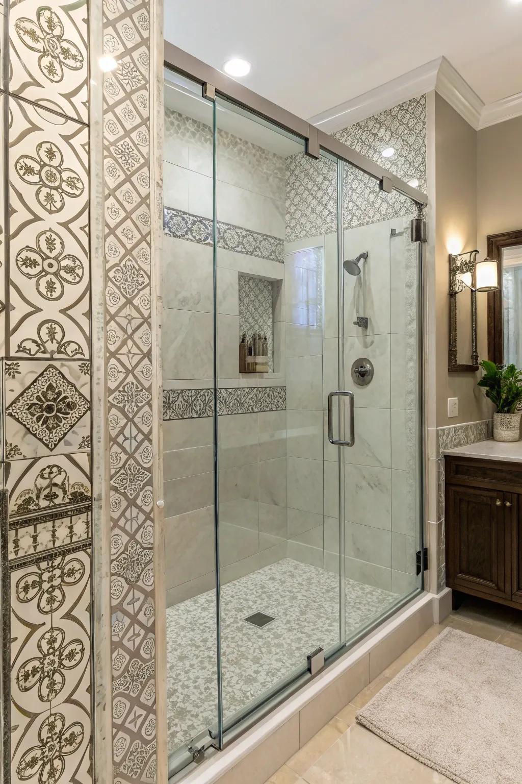 A shower featuring frameless glass doors and elaborate tiling.