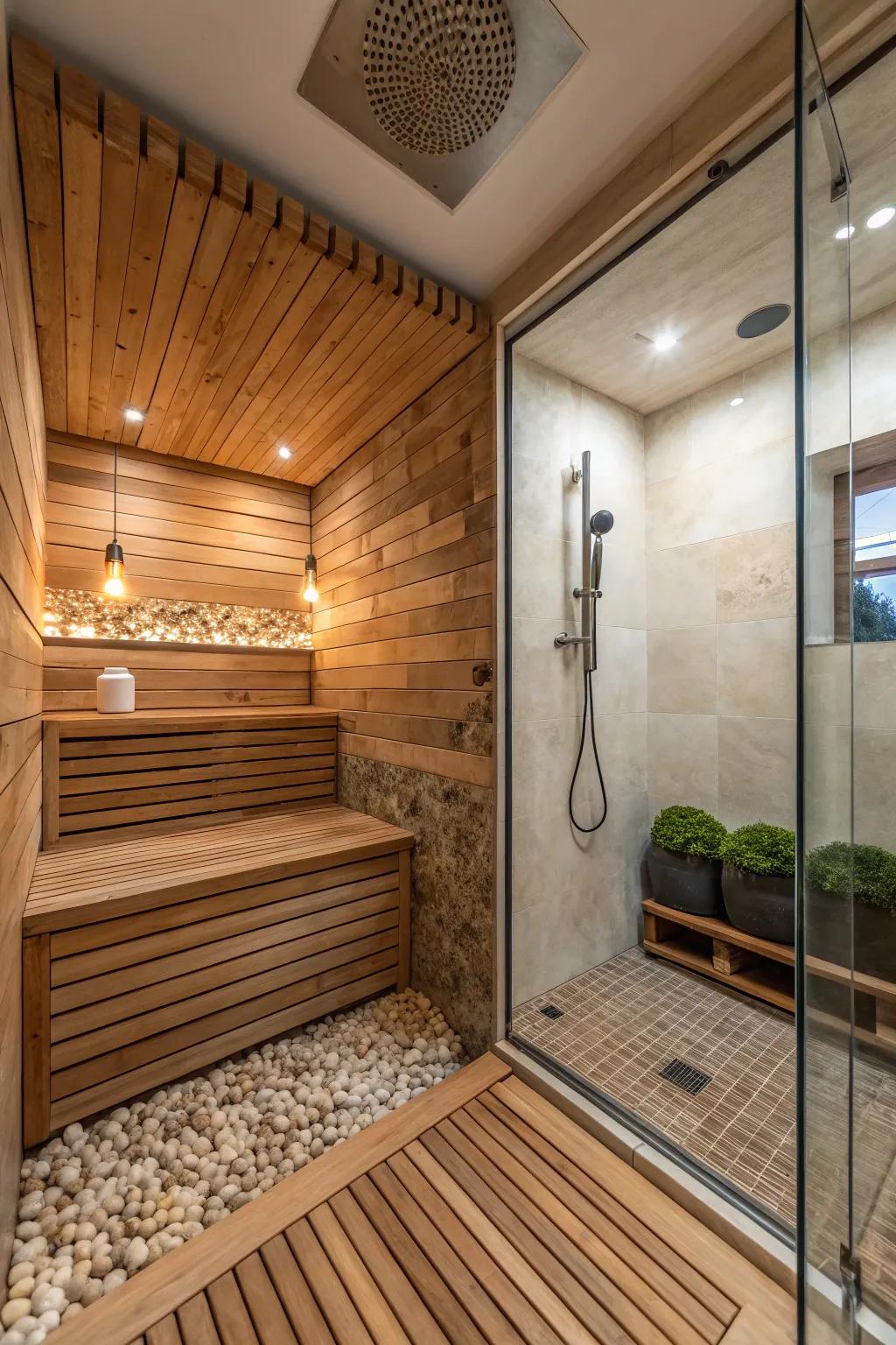Make your shower warm with wood or wood-like materials.