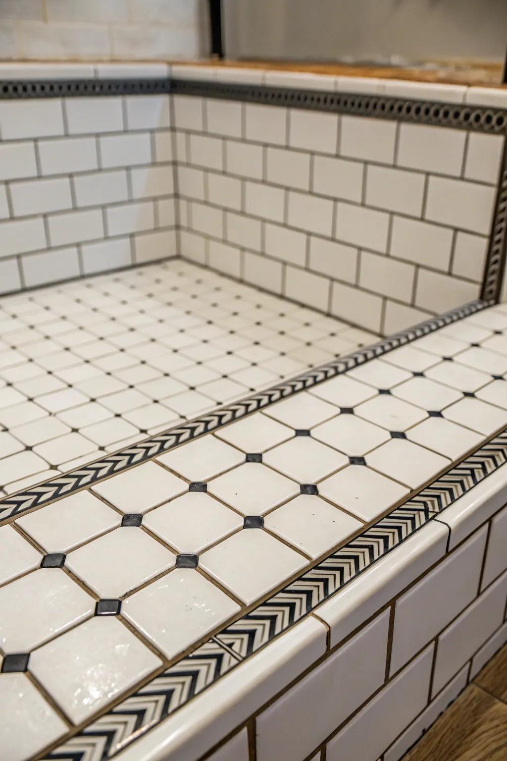 White tiles with contrasting dark grout lines create a striking effect on this shower pan.