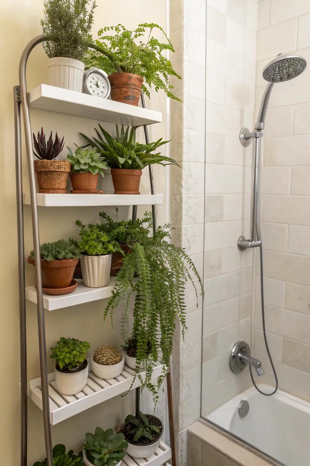 Shower shelves introduce strata of greenery to your area.