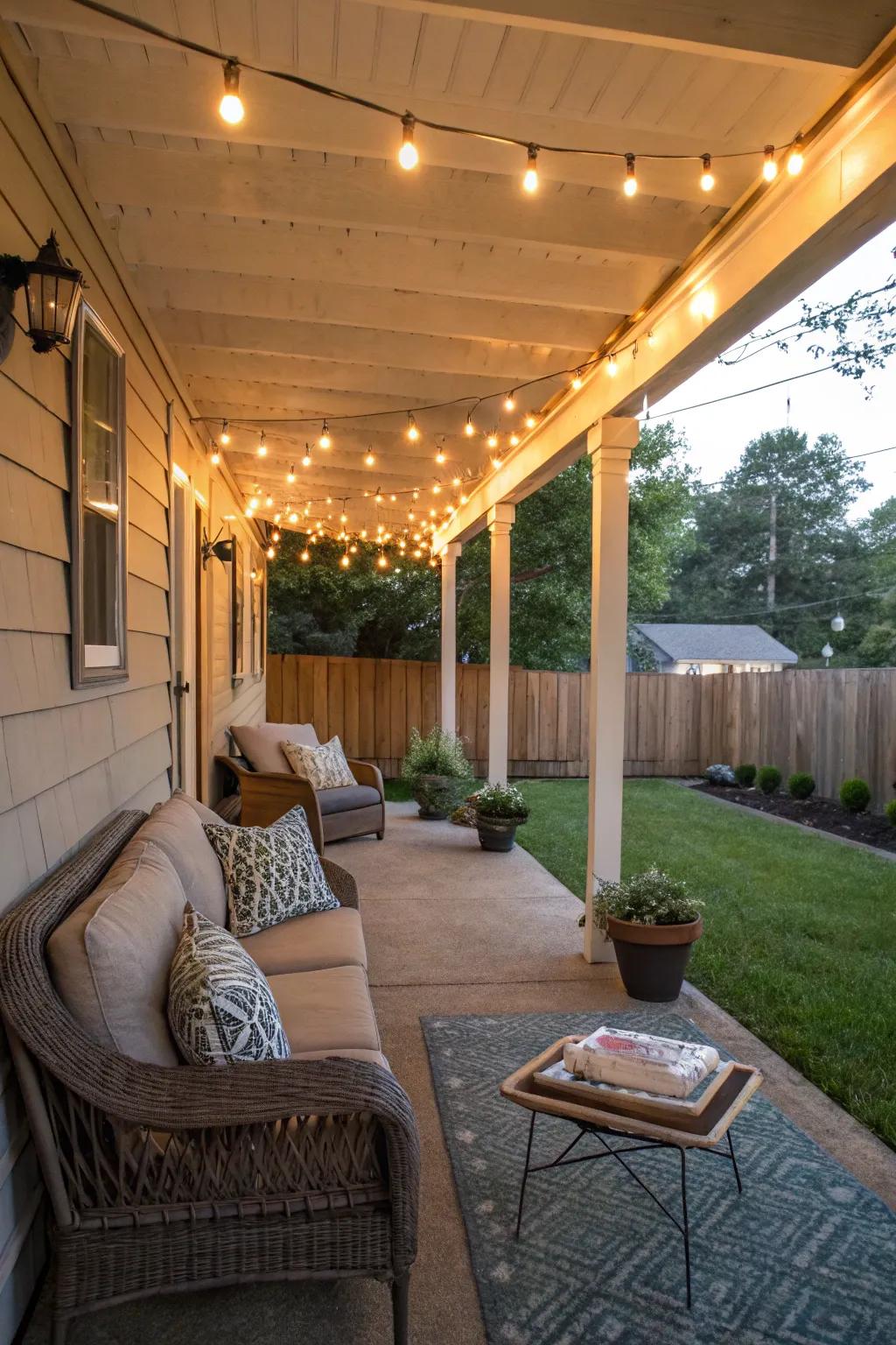Twinkling string lights that emit a warm glow across the side porch.