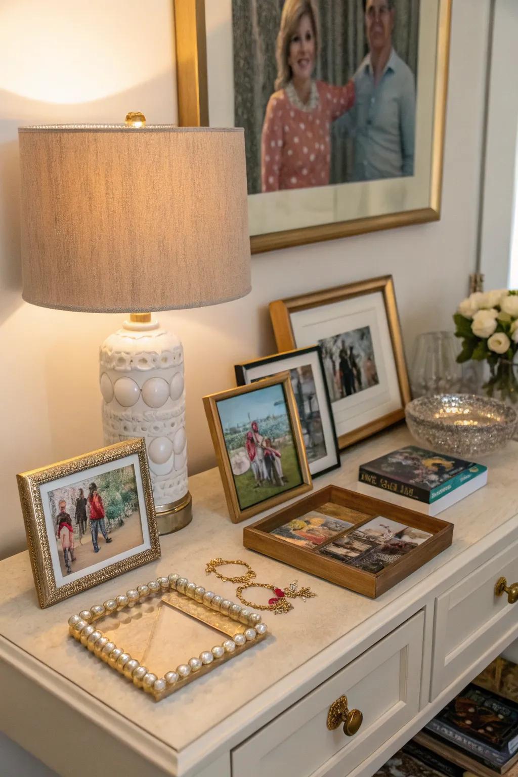 A personalized side table with framed art and decor.