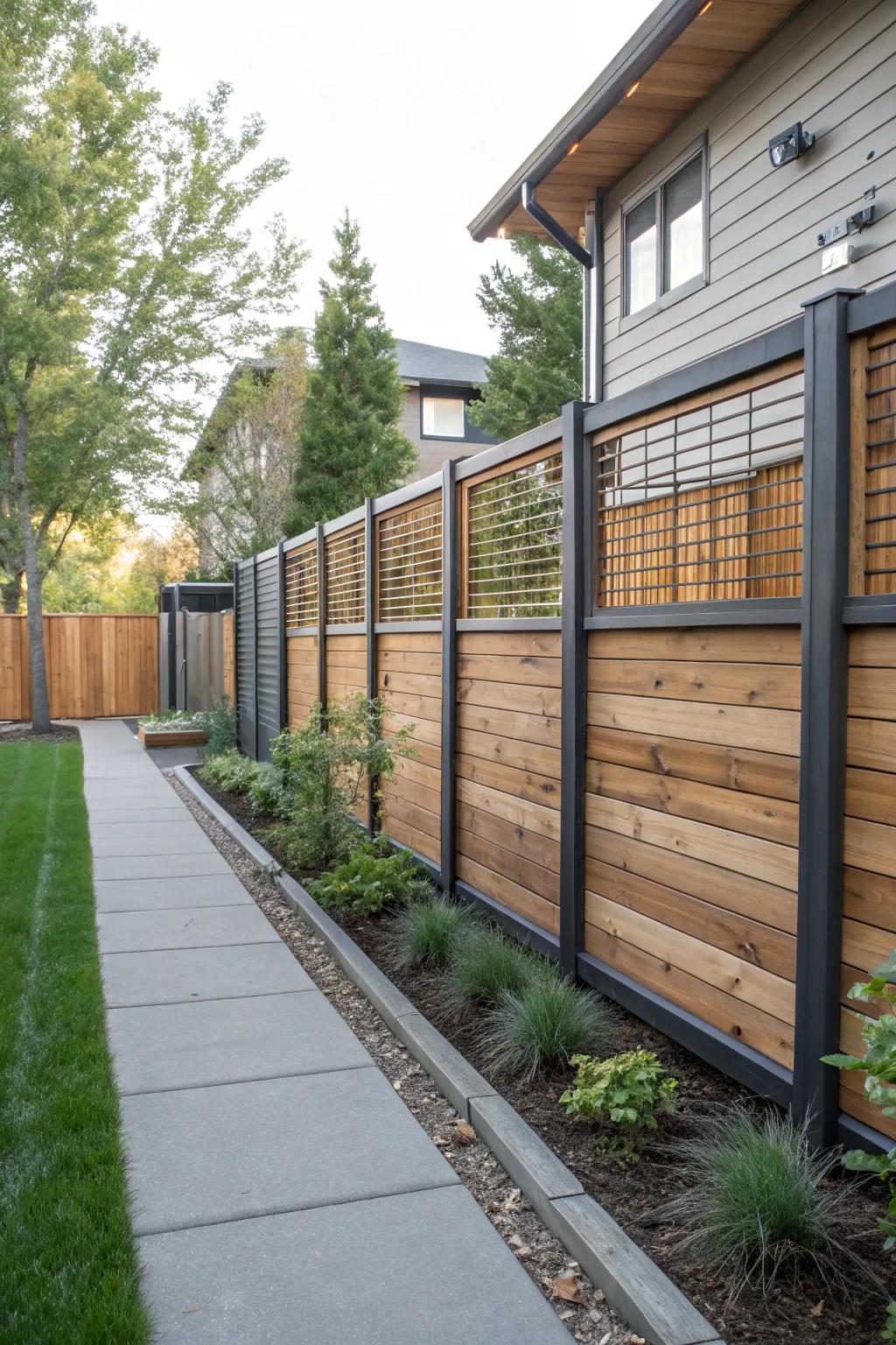 Refined side yard featuring a mixed material fence.