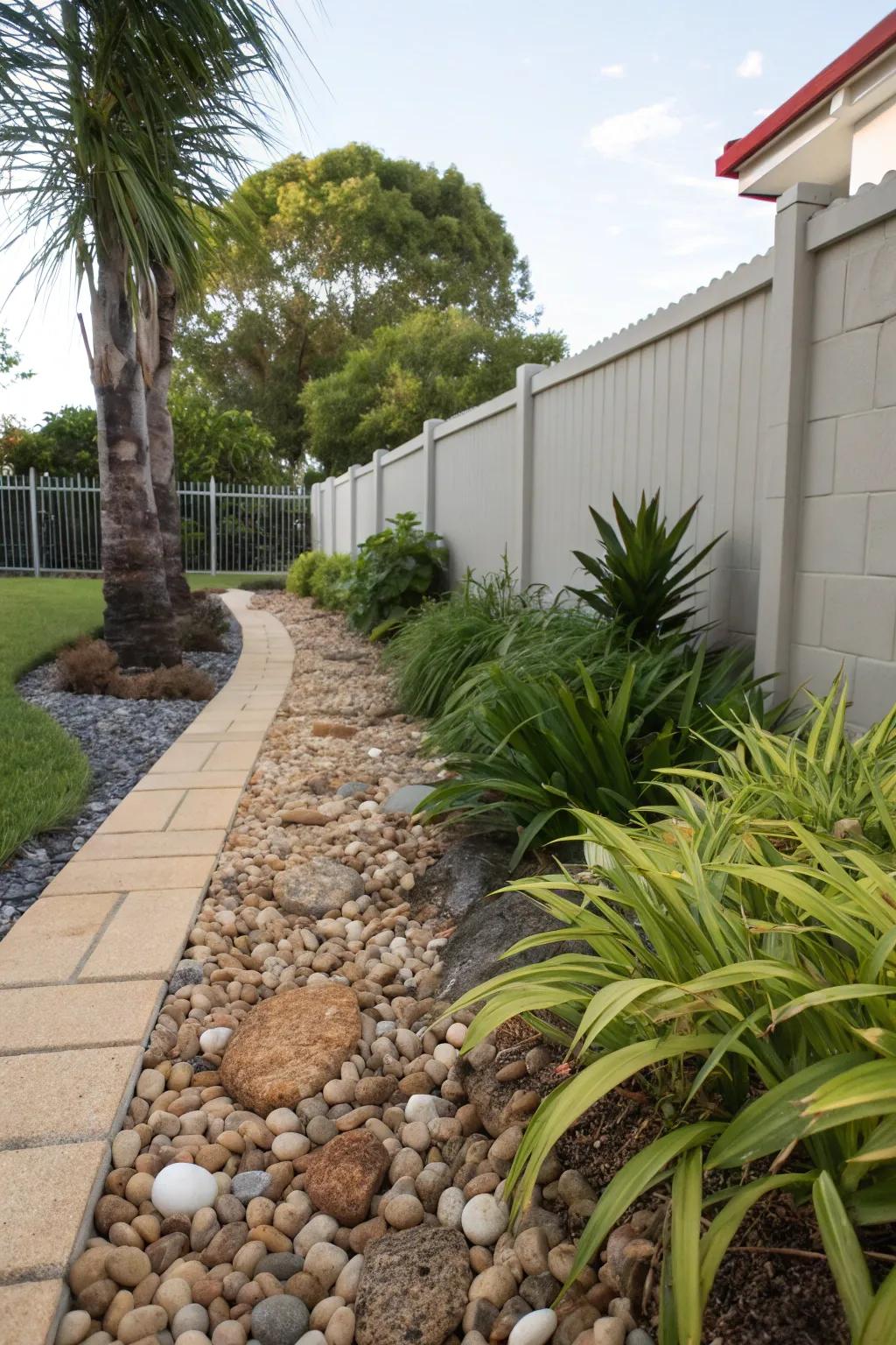 Stones are a smooth and neat alternative to grass in your side yard.