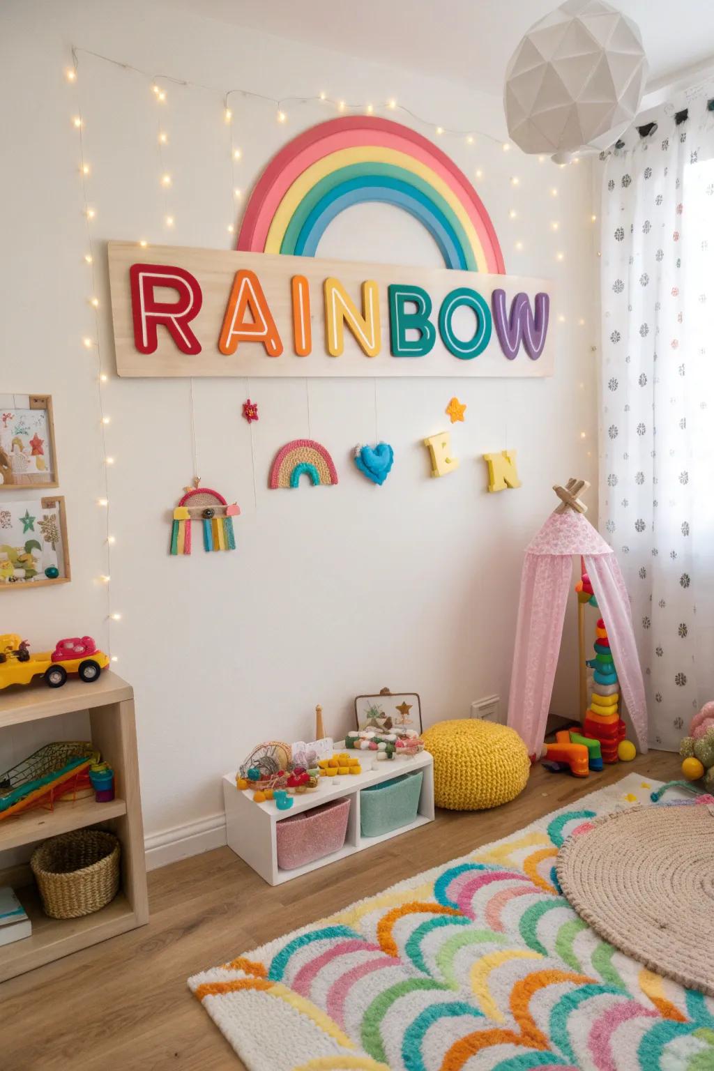 A children's play area with a playful spectrum plaque affixed to the wall.